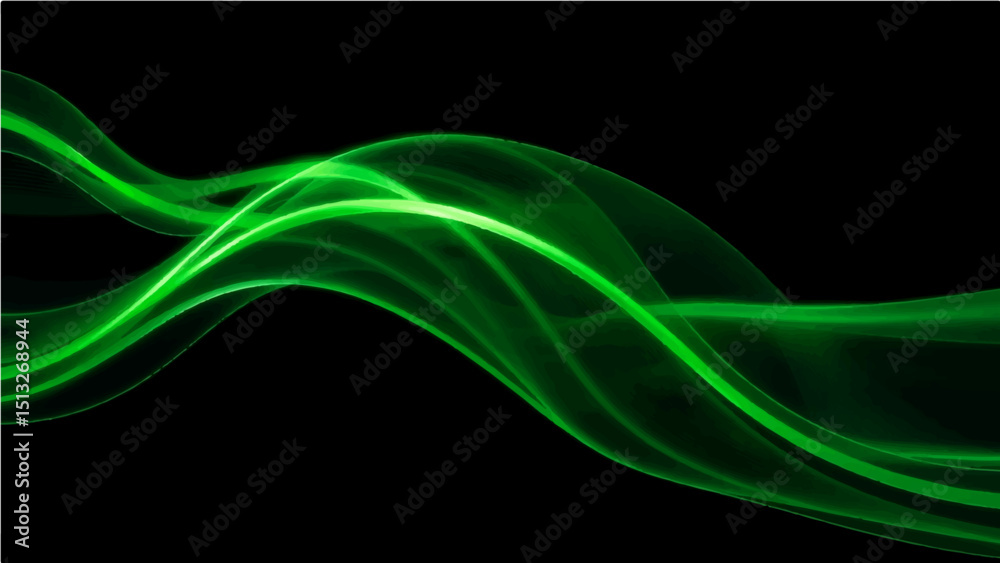 Obraz premium Abstract dynamic green wave lines on dark background.