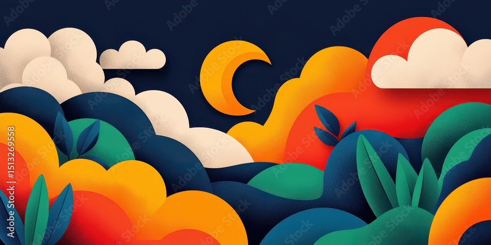 Fototapeta premium economy consumption global concept. Vibrant illustration of clouds and a crescent moon against a dark backdrop.