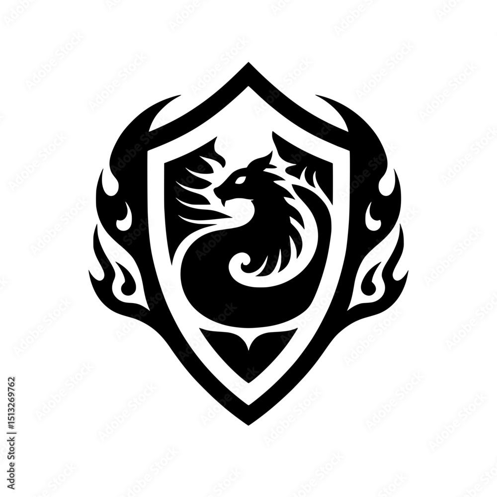 Fototapeta premium Vector silhouette icon of a dragon inside a shield with flame decorations.