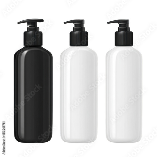 Set of black and white plastic bottles with dispenser pump isolated on transparent.