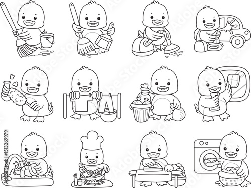 Lineart of Cute Duck icon. Outline of Funny baby Duck animal series stock illustration. life of fluffy Duck designs.