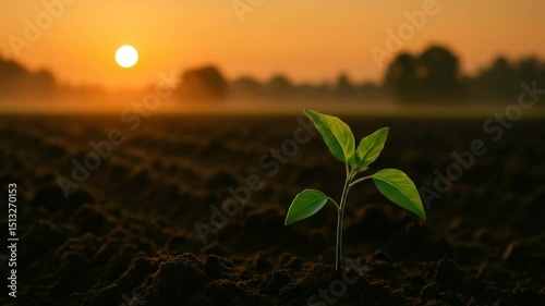 Young Sapling Sprouting in a Field During a Warm Sunrise
