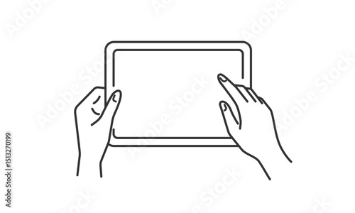横向きのタブレット端末を操作する手の線画イラスト (白黒)
