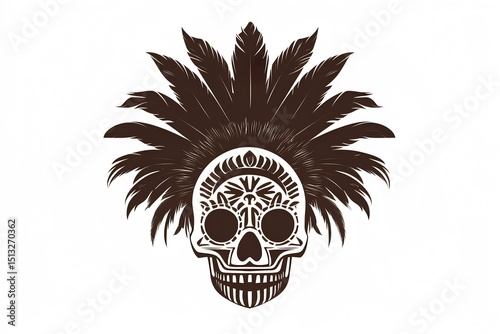 Skull with indian feathers on white background.