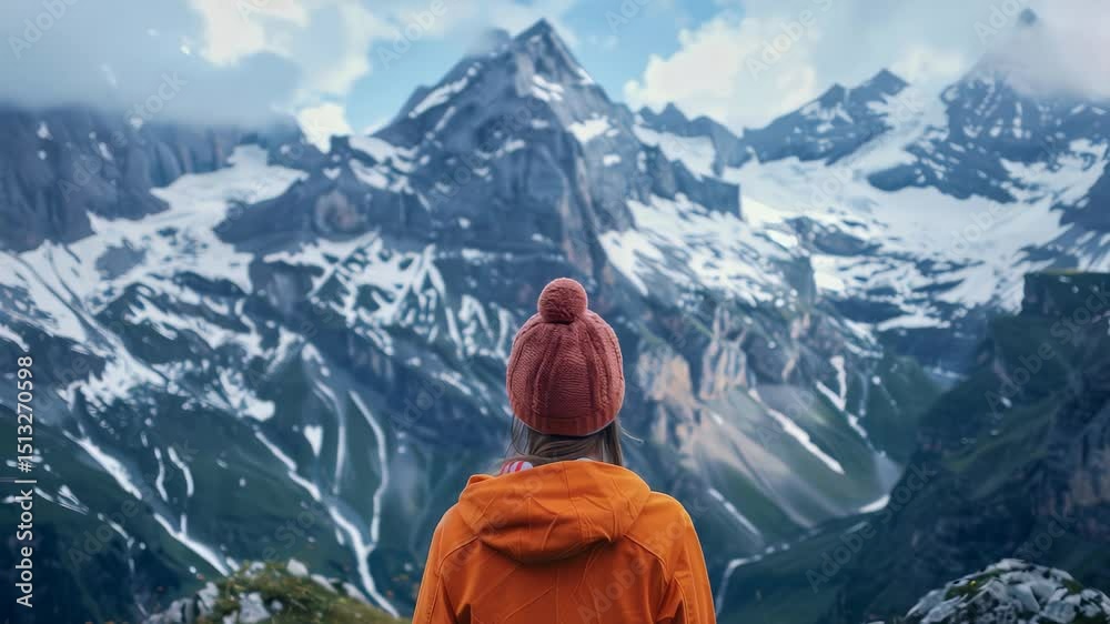 A person in a knit hat and orange jacket views a vast mountain range with snow-capped peaks under a partly cloudy sky, enjoying the stunning natural scenery.