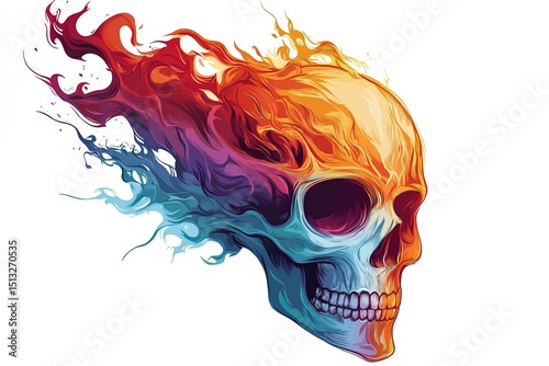 Skull with fire flames on a white background.