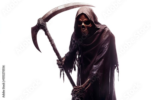 Grim Reaper with Scythe Standing Against White Background