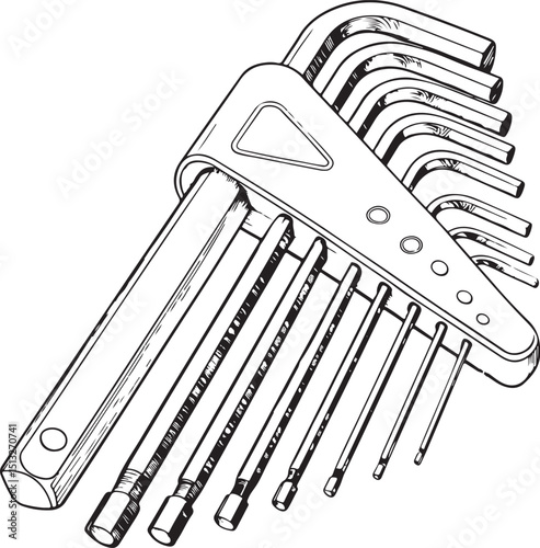 Allen keys (hex wrenches) Tool, Vector Illustration, Sketch Drawing Line Linear Symbol Icon Engraving Coloring Book, Hand-drawn Black and White Isolated