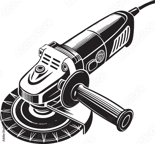 Angle grinder Tool, Vector Illustration, Sketch Drawing Line Linear Symbol Icon Engraving Coloring Book, Hand-drawn Black and White Isolated