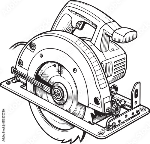 Circular saw Tool, Vector Illustration, Sketch Drawing Line Linear Symbol Icon Engraving Coloring Book, Hand-drawn Black and White Isolated
