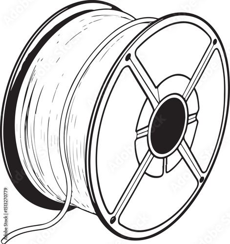 Filament spool (for 3D printer), Vector Illustration, Sketch Drawing Line Linear Symbol Icon Engraving Coloring Book, Hand-drawn Black and White Isolated