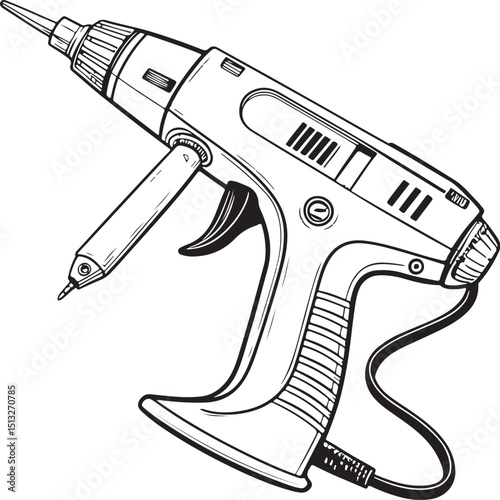 Glue gun Tool, Vector Illustration, Sketch Drawing Line Linear Symbol Icon Engraving Coloring Book, Hand-drawn Black and White Isolated