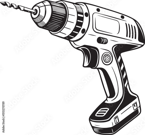 Drill Tool, Vector Illustration, Sketch Drawing Line Linear Symbol Icon Engraving Coloring Book, Hand-drawn Black and White Isolated