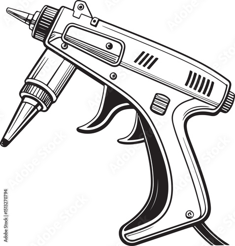 Glue gun Tool, Vector Illustration, Sketch Drawing Line Linear Symbol Icon Engraving Coloring Book, Hand-drawn Black and White Isolated