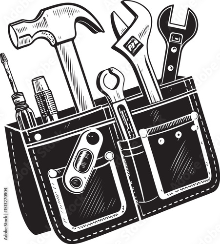 Tool belt, Vector Illustration, Sketch Drawing Line Linear Symbol Icon Engraving Coloring Book, Hand-drawn Black and White Isolated