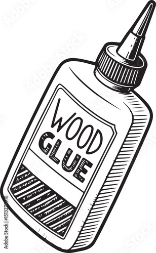Wood Glue, Carpentry and Woodwork Tool, Vector Illustration, Sketch Drawing Line Linear Symbol Icon Engraving Coloring Book, Hand-drawn Black and White Isolated