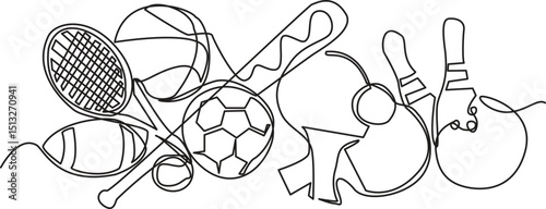 one continuous line drawing of various sports equipment. one line drawing of baseball, racket, basketball, tennis ball, bowling ball and others. single line, Editable Stroke.