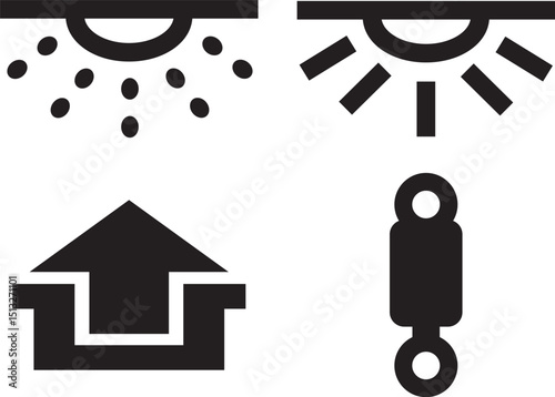 set of black icons: dripping ceiling, light rays, upward arrow with house, and suspension symbol