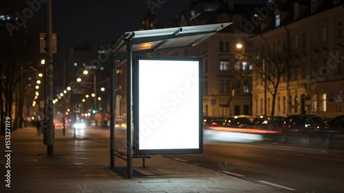 Blank advertisement board on bus stop at night
