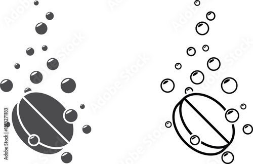 Soluble tablet icon. Effervescent pill with water bubbles. 