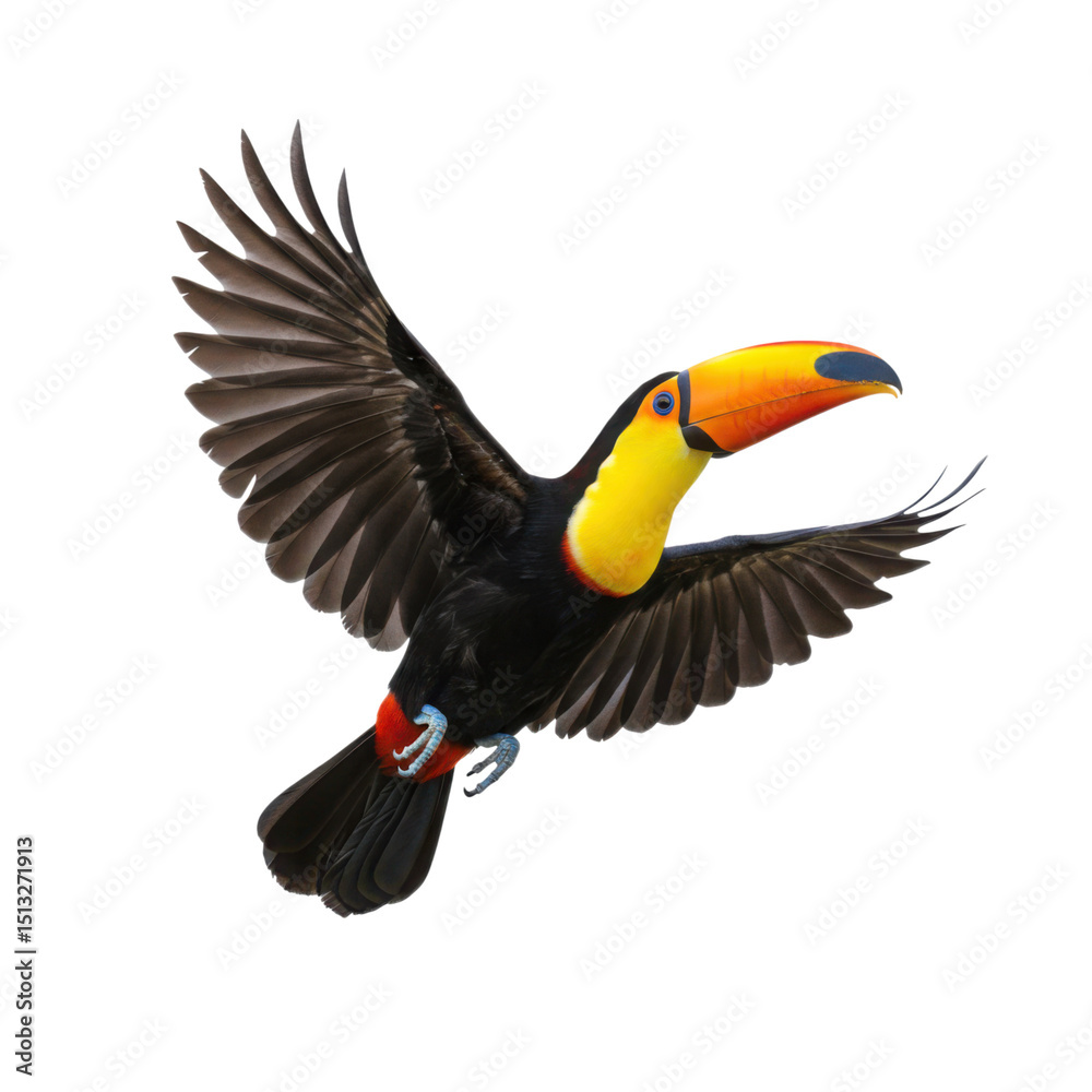 Obraz premium Flying toucan isolated on transparent background for graphic design, illustration, and educational purposes.