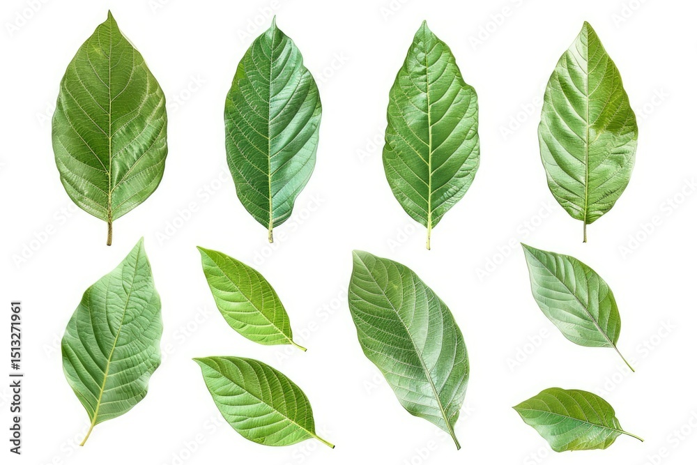 Set of Avocado Tree Leaves Isolated on White Background, Full Depth of Field Set of Avocado Tree Leaves Isolated on White Background, Full Depth of Field