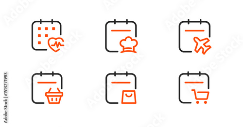 Versatile calendar icon set: medical appointments, meal planning, travel itineraries, and shopping events. Essential for personal organization and lifestyle apps.
