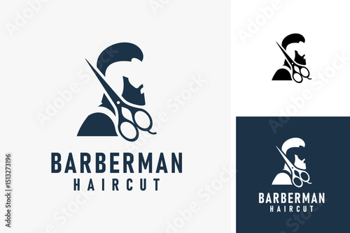 Scissors and barber man for barbershop logo symbol icon design