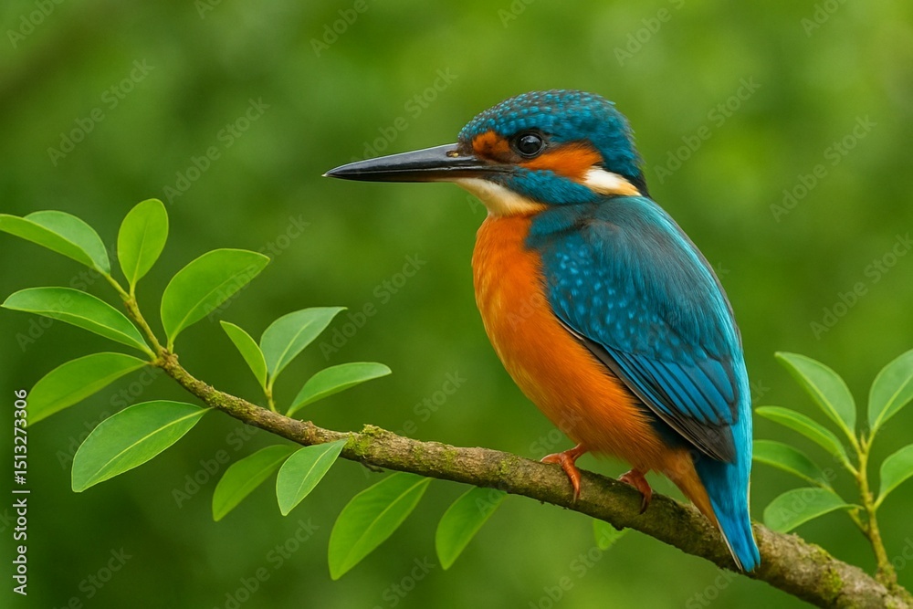 Obraz premium Common Kingfisher on a Green Branch