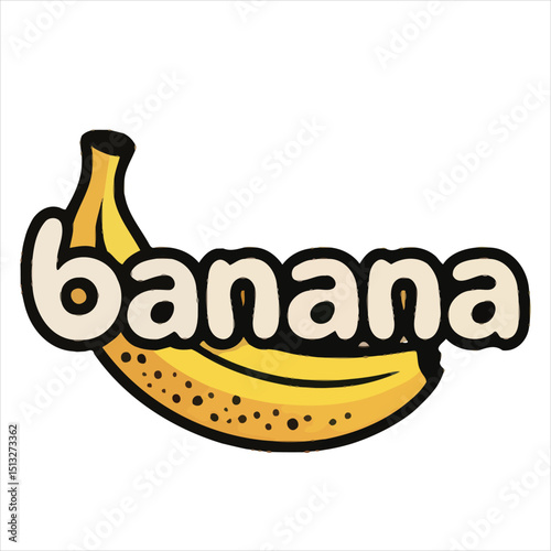 Cartoon illustration of a yellow banana with the word banana on a gradient background