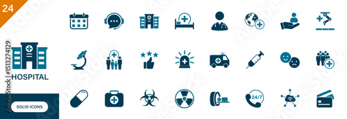 Hospital icon. Containing medical, healthcare, medical appointment, ct scan, service quality, medicine. Solid vector icon set.