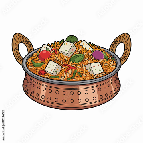 Vegetable Paneer Biryani in Traditional Copper Bowl