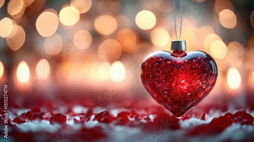 Red heart ornament on rose petals with bokeh lights.