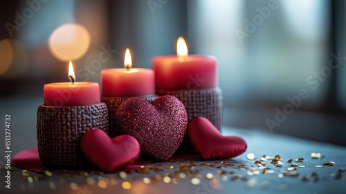 Romantic Valentine's Day scene with three burning red candles, decorative hearts, and gold confetti.