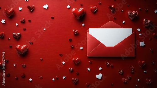 Red envelope with blank card surrounded by hearts and stars on red background.
