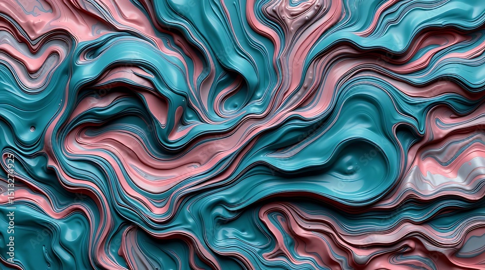 Obraz premium Abstract swirling design with teal and blush pink colors. Intricate, flowing, wavy lines create a textured surface