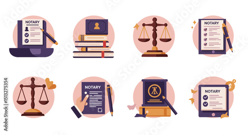 Notary and Legal Services Icons Documents Scales Books and Pen