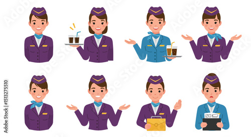 Cartoon Flight Attendants in Various Poses and Uniforms