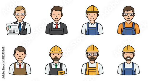 Cartoon Illustrations of Various Professions Construction Workers Architect and Manager