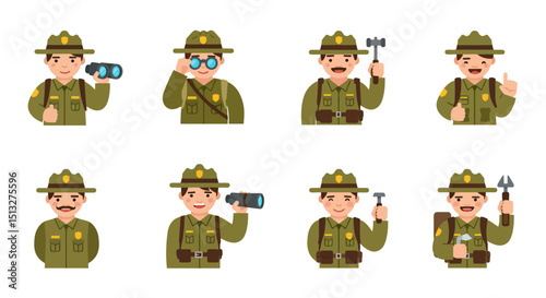 Cartoon Park Ranger Characters with Tools and Binoculars in Various Poses
