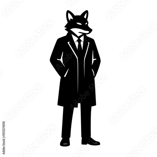 Vector illustration of a silhouette showing an anthropomorphic wolf dressed in a formal suit and tie, standing confidently.