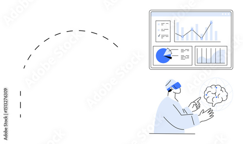 Data professional in VR headset interacting with brain model, analyzing graphs, and charts. Ideal for tech, innovation, AI, education, analytics, future trends simple landing page