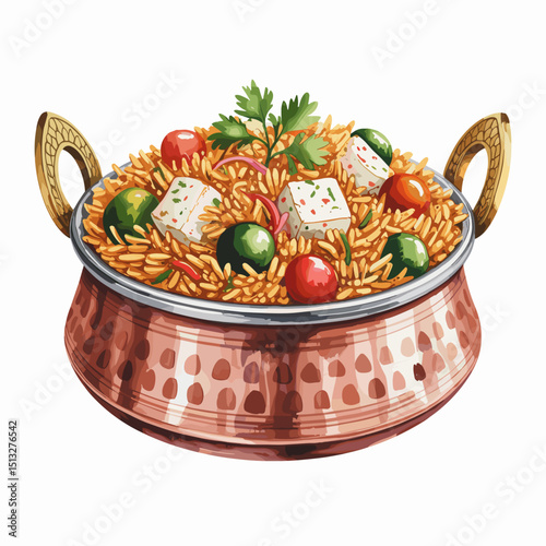 Spicy Paneer Vegetable Biryani in Copper Handi