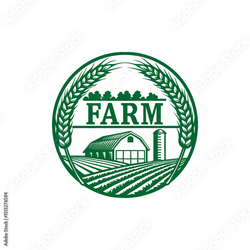Farm Emblem with Barn, Silo, and Wheat