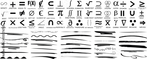 Mathematical symbol collection, including integrals, summation, square roots, and various calculus notations with stylish decorative underlines, lines, swirl borders, and brush stroke dividers