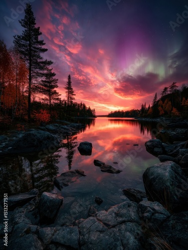 Night landscape with vivid aurora borealis above a forest lake