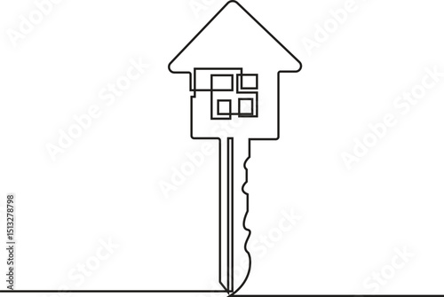 Continuous one line art drawing symbol of house keys, Real Estate Line Icon Vector Design, Continuous line art drawing of a house with a key, Vector Illustration.