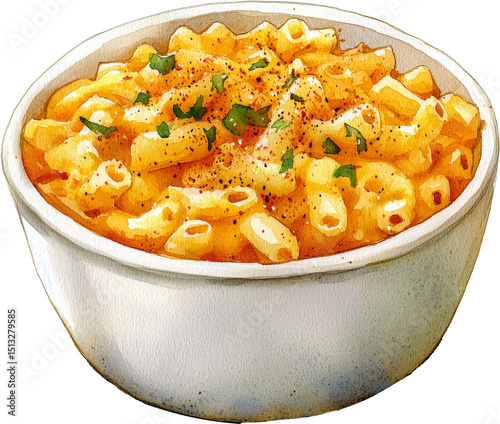 mac and cheese in white bowl watercolor art drawing painting 