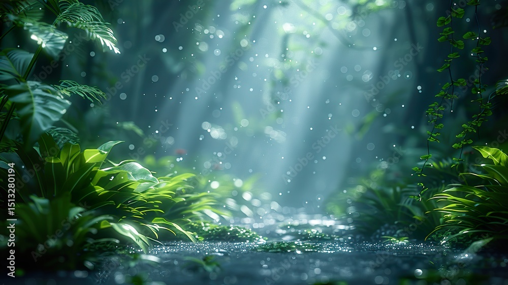 Naklejka premium Morning Forest Sunshine Through Trees with Greenery Nature Wallpaper Background