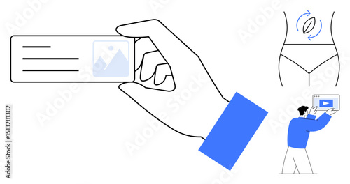 Hand presenting ID card, waistline with rotation indicator, figure showing presentation. Ideal for identity, wellness, fitness, content creation, personal branding, healthcare simple landing page